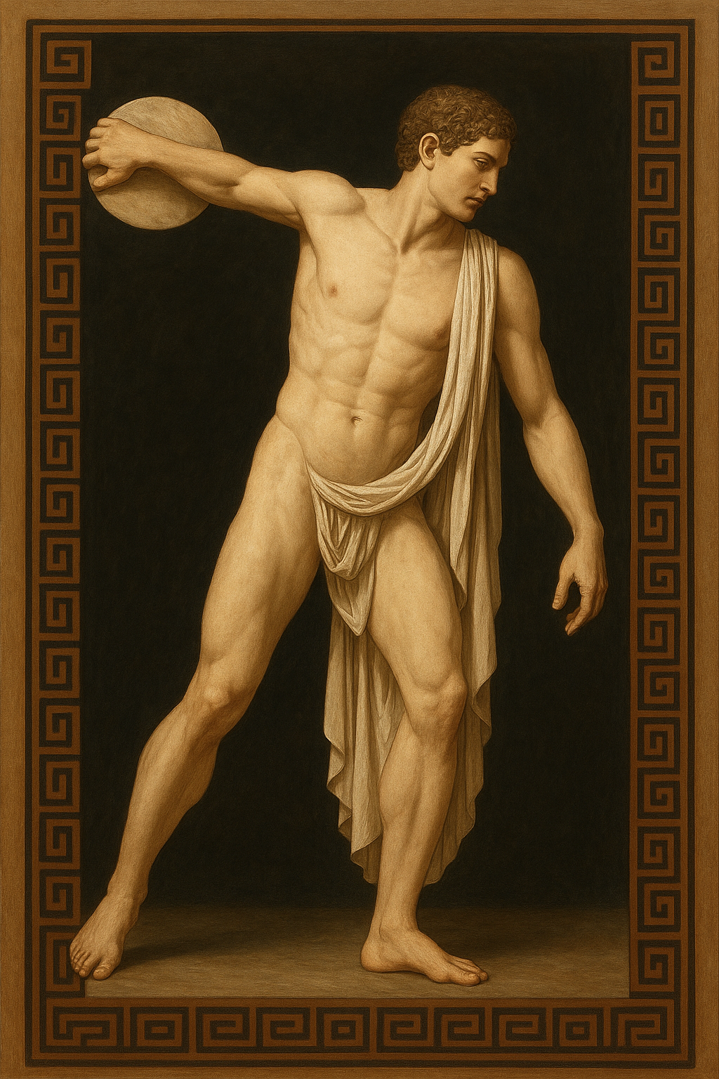 a painting of a man holding a frisbee