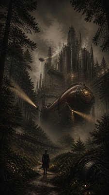 a mysterious forest path with fireflies and drifting mist, atmospheric vertical composition with open space at the top, no text