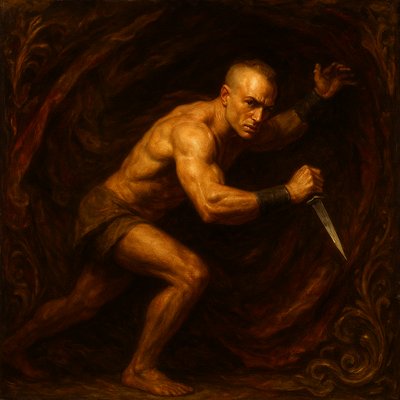 a painting of a man holding a knife