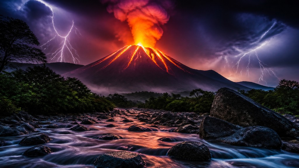 an erupting volcano with lightning strikes, dramatic wide composition, no text