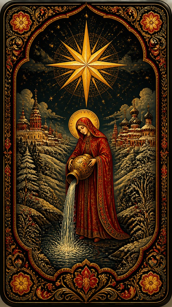 a robed figure pouring water beneath a large eight-pointed star in a night sky, symmetrical composition with an ornate decorative border, no text