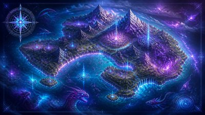 a map of an island realm with mountains, forests, a sheltered bay, sea monsters in the water and a compass rose, no text labels