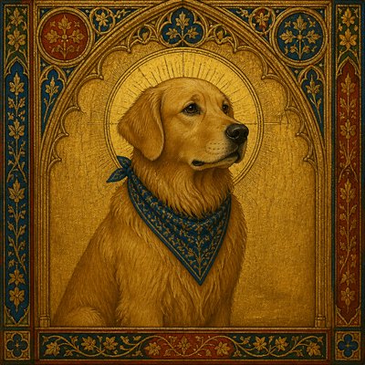 portrait of a golden retriever wearing a blue bandana, warm plain backdrop, no text