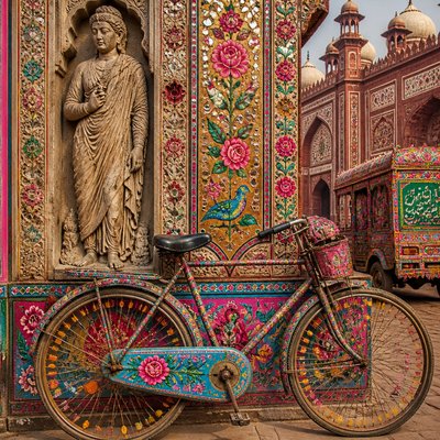 bicyle resting against a wall