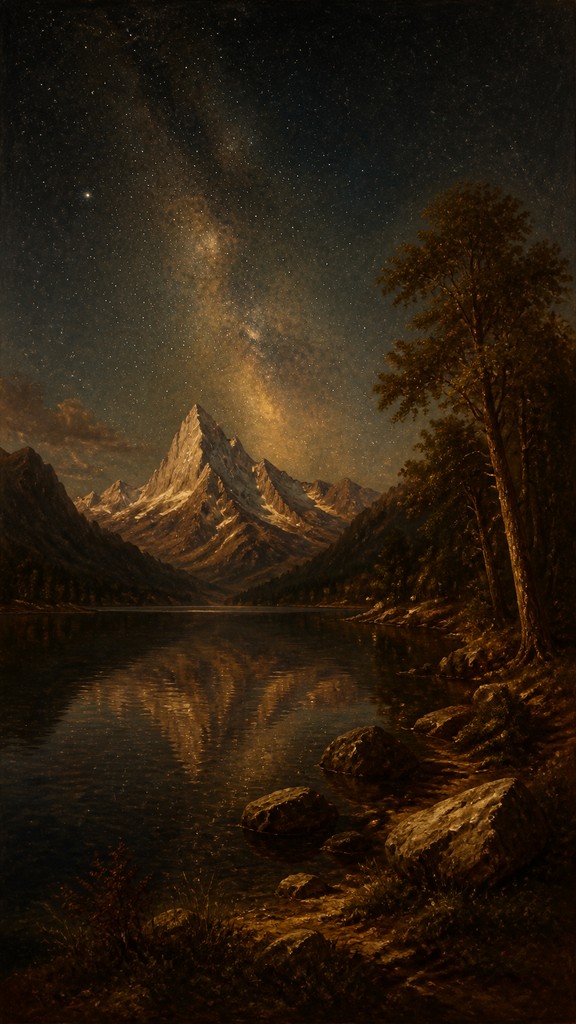a tranquil mountain lake beneath a starry night sky, no people, no text