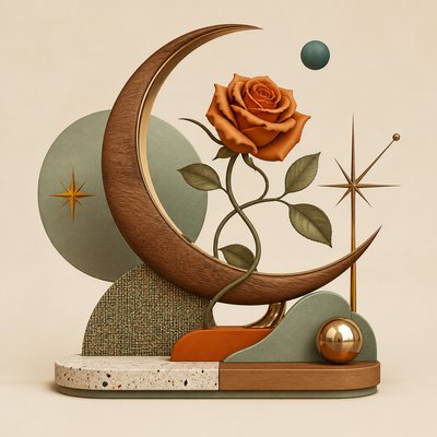 a rose entwined with a crescent moon, clean balanced composition on a plain background, no text