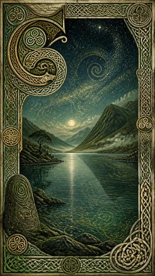 a tranquil mountain lake beneath a starry night sky, no people, no text