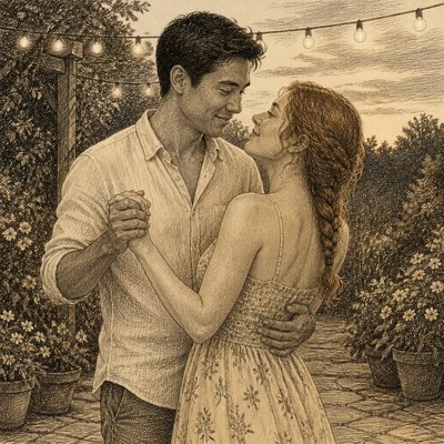 an original couple dancing under string lights in a garden at dusk: a man with short black hair in a linen shirt and a woman with braided red hair in a summer dress