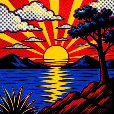 a dramatic sunset over calm water with silhouetted hills