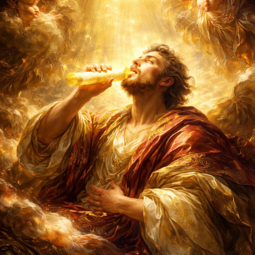 Display verse as meditation:
“And he said unto me, Son of man, cause thy belly to eat, and fill thy bowels with this (scroll) that I give thee. Then did I eat it; and it was in my mouth as honey for sweetness.” (Ezekiel 3:3, KJV)