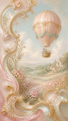 a hot air balloon drifting over rolling flower fields on a sunny day, cheerful, no text