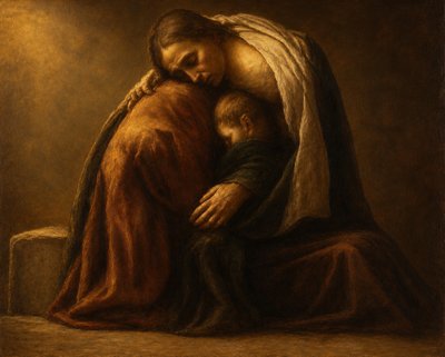 a painting of a man holding a baby wrapped in a blanket