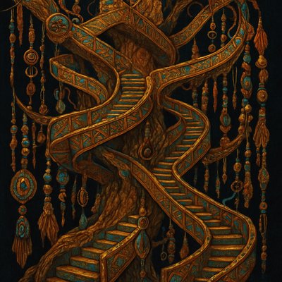  in the style of M.C. Escher, an array of endless staircases of impossible loops and bi-directional pathways, spiraling through a giant tree, Cinematic vibrant reflective jewel-toned colors, black background
