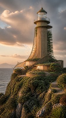 a lone lighthouse on a cliff at dusk under a dramatic sky, no text or lettering