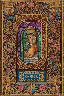 A picture of the Hebrew letter Gimel including in the design a picture of a sandaled foot and the modern Hebrew Gimel symbol ג , the number 3 and the name of the letter "Gimel" . 