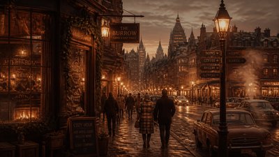 bustling city street panorama at dusk