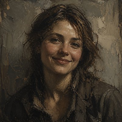 head-and-shoulders portrait of an original character: a young woman with wavy chestnut hair and a warm smile, plain soft backdrop
