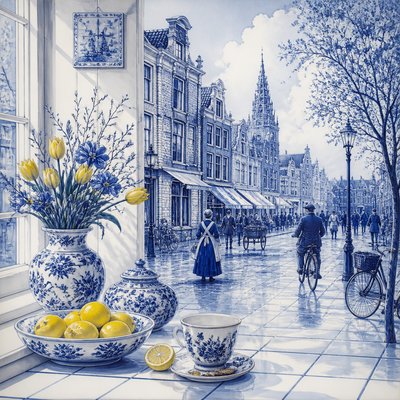 urban street with city activity — Delft Blue Art Style
