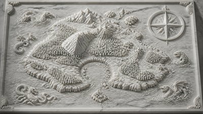 a map of an island realm with mountains, forests, a sheltered bay, sea monsters in the water and a compass rose, no text labels