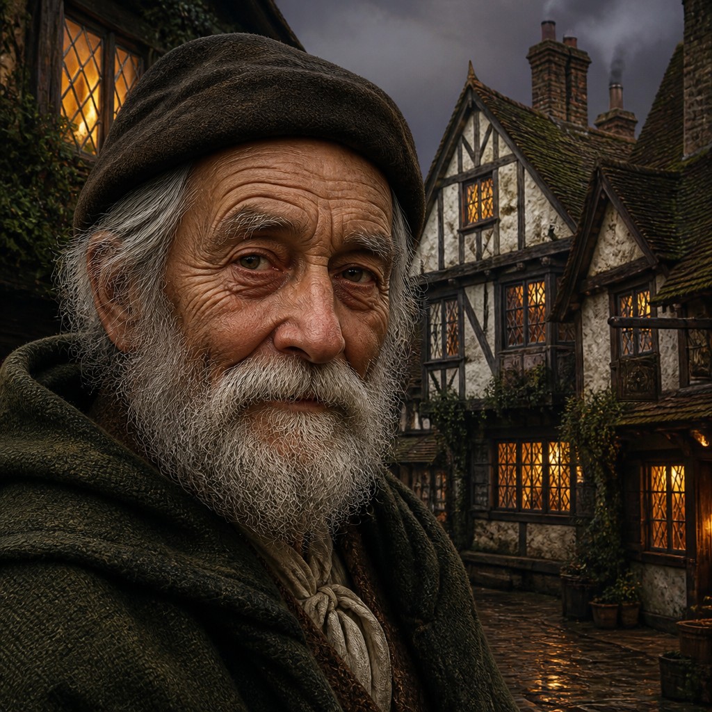 close-up portrait of an elderly person with expressive weathered features — Tudor Architecture Style