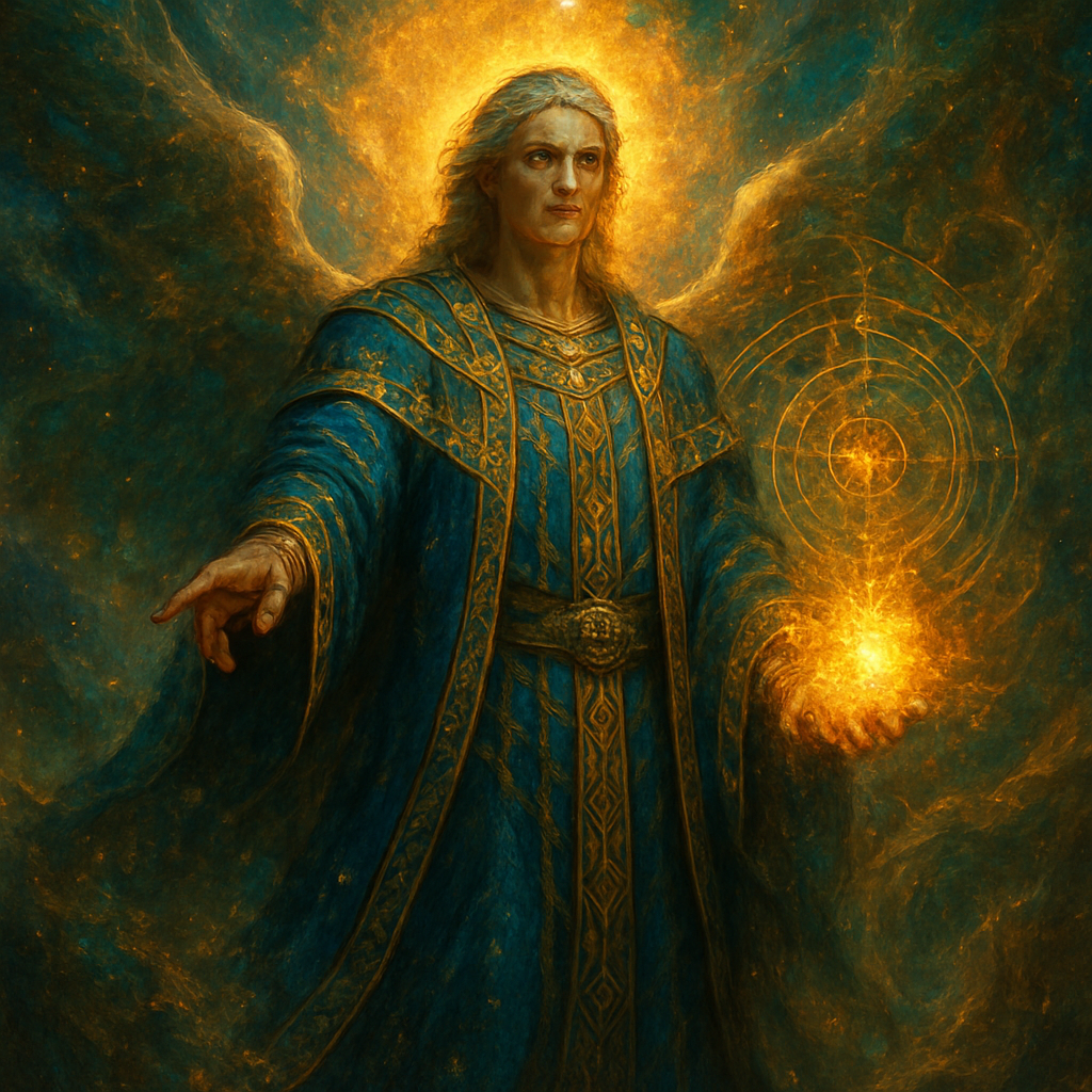 "Uriel, the Angel of Light and Wisdom from the Book of Enoch, a majestic celestial guide, standing amidst swirling cosmic dust and ethereal nebulae. His form radiates intense, pure light. He gestures towards a hidden cosmic mechanism, revealing ancient knowledge, holding a flaming orb of pure light. Robes of deep sapphire blue and radiant gold, adorned with ancient symbols. Serene, knowing face, eyes glimmering with cosmic insight. Behind him the fiery essence of the sun. Hyperrealistic digital painting, divine luminosity, epic detailed, cinematic lighting, cosmic gradients."
