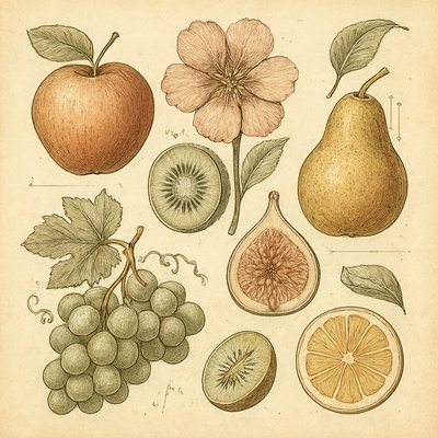 still life arrangement of fruits and flowers