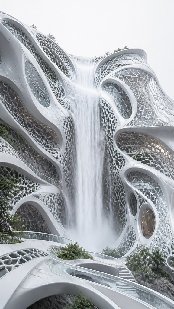 towering waterfall cascading down a cliff