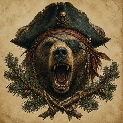 a roaring bear head above crossed pine branches, bold graphic composition on a plain background, no text