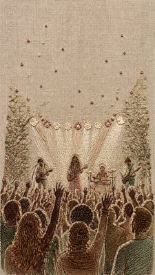a live music scene with a glowing stage and silhouetted crowd, energetic vertical composition with open space at the top, no text