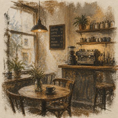 cozy cafe interior with warm lighting
