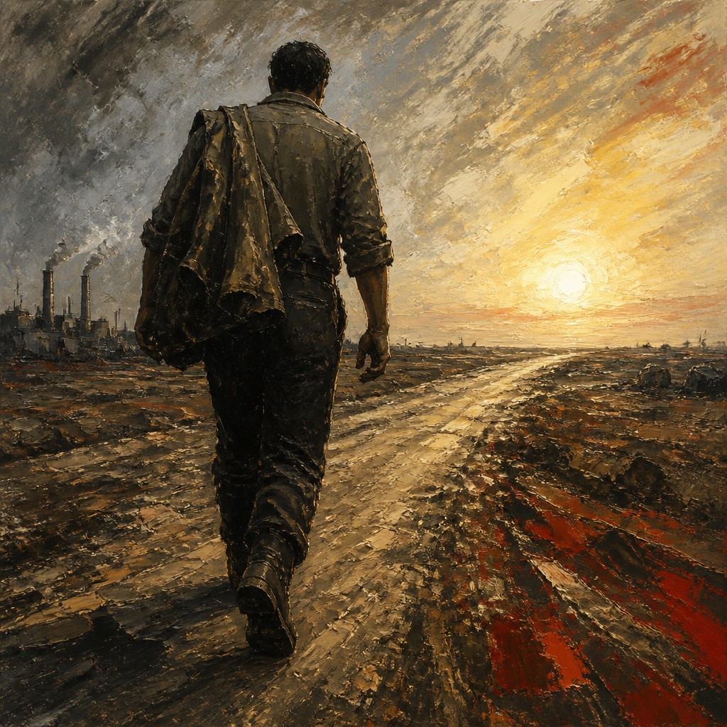 a solitary figure walking toward a glowing horizon across an empty plain, moody atmosphere, no text or lettering