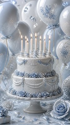 a birthday cake with lit candles surrounded by balloons and confetti, festive vertical composition, no text