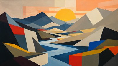 a vast valley with a river winding toward distant mountains at sunrise, no people, no text