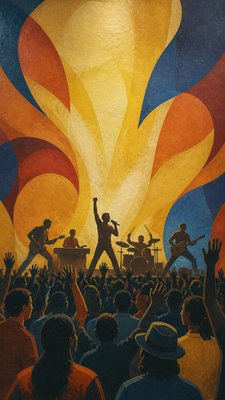 a live music scene with a glowing stage and silhouetted crowd, energetic vertical composition with open space at the top, no text