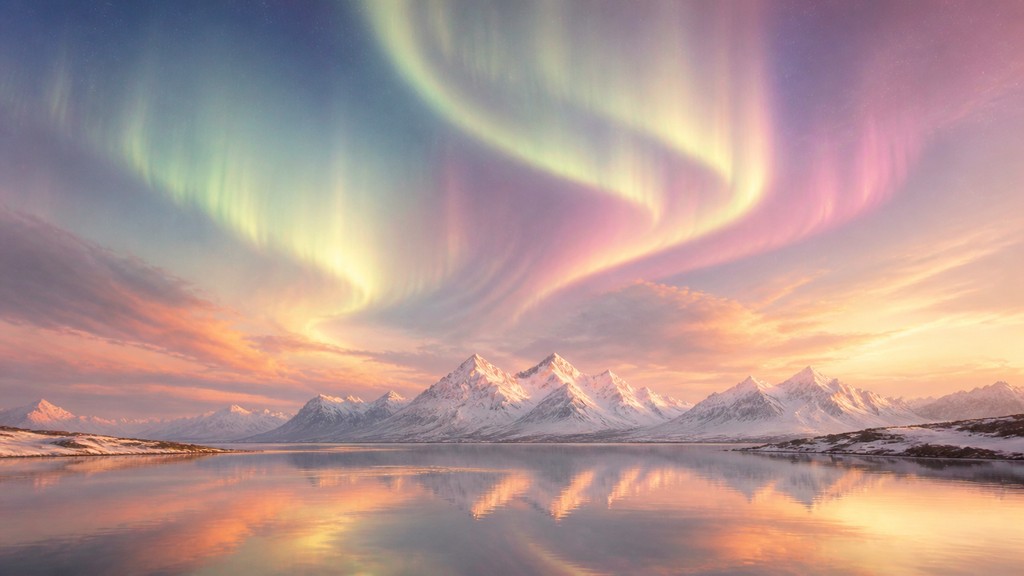 a flowing aurora over snowy peaks, wide sweeping composition, no people, no text