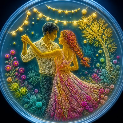an original couple dancing under string lights in a garden at dusk: a man with short black hair in a linen shirt and a woman with braided red hair in a summer dress