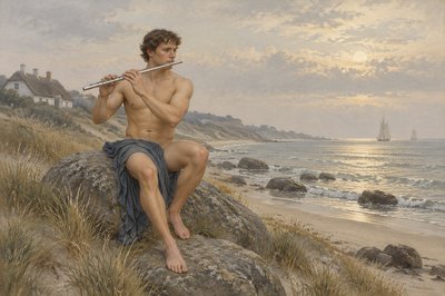 a painting of a man sitting on a rock playing a flute