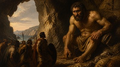 Odysseus and his warriors encounter the one-eyed ignudi Cyclops