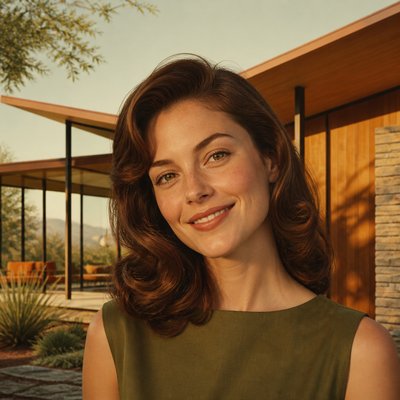 head-and-shoulders portrait of an original character: a young woman with wavy chestnut hair and a warm smile, plain soft backdrop