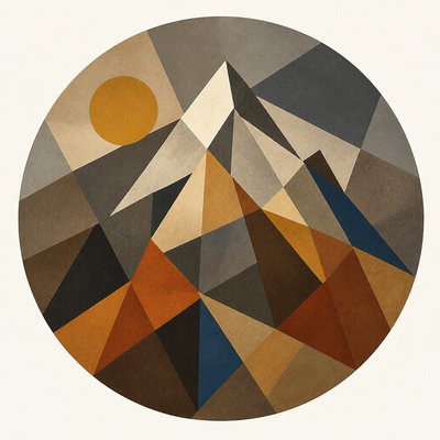 an emblem of a mountain peak inside a circle, simple bold shapes on a plain background, no text or lettering
