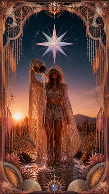 a robed figure pouring water beneath a large eight-pointed star in a night sky, symmetrical composition with an ornate decorative border, no text