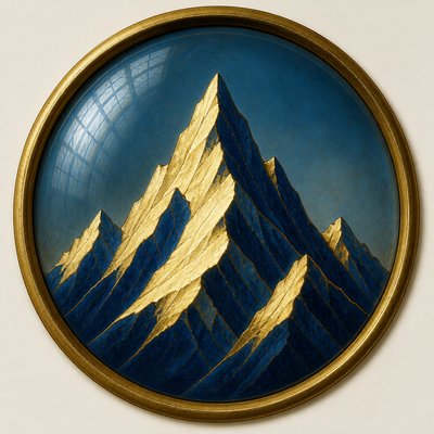 an emblem of a mountain peak inside a circle, simple bold shapes on a plain background, no text or lettering