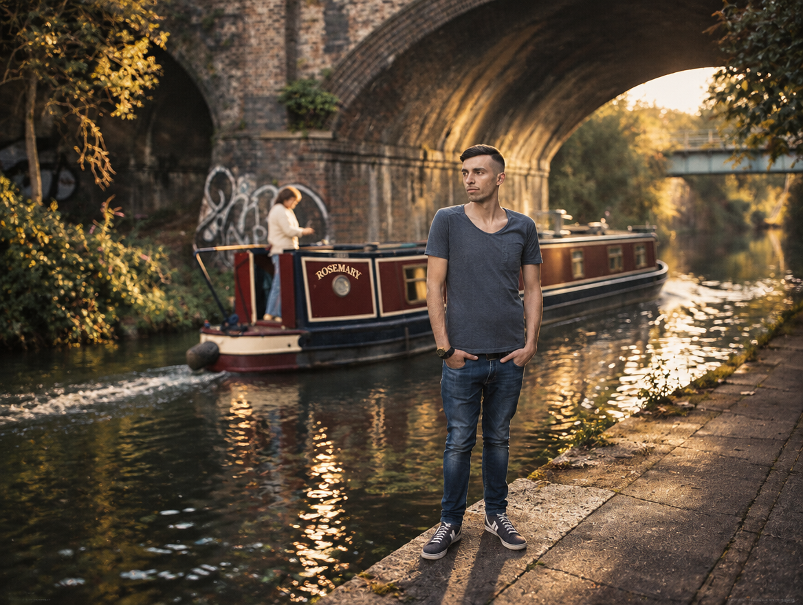 a man standing next to a boat on a river