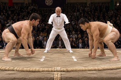 three sumo wrestlers in a ring with a man in the background