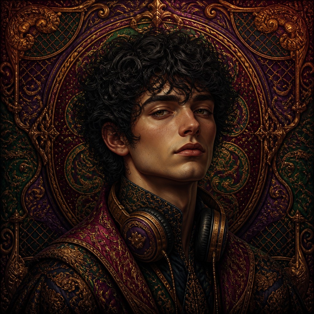 head-and-shoulders portrait of an original character: a young man with curly dark hair and headphones around his neck, plain backdrop, no text