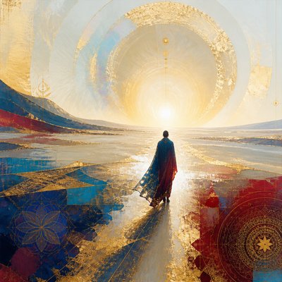 a solitary figure walking toward a glowing horizon across an empty plain, moody atmosphere, no text or lettering
