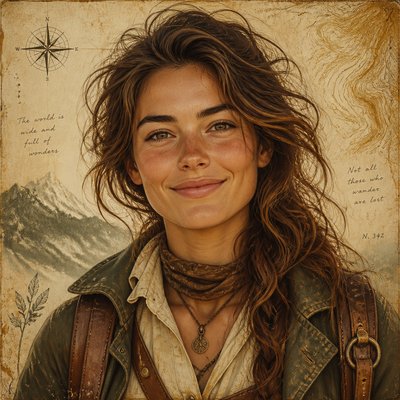 head-and-shoulders portrait of an original character: a young woman with wavy chestnut hair and a warm smile, plain soft backdrop