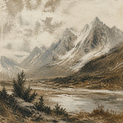 wide landscape with natural scenery — Dry Brush Painting Style