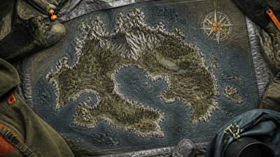 a map of an island realm with mountains, forests, a sheltered bay, sea monsters in the water and a compass rose, no text labels