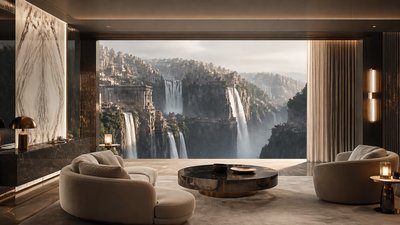 a cliffside city with waterfalls cascading into a misty canyon, wide establishing shot, no people, no text